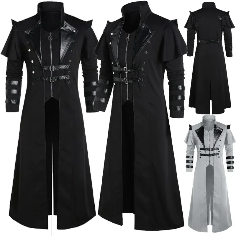 Vintage Fashion Stores - ヴィンテージハロウィン中世スチームパンクエルフ海賊コスチューム大人男性用ロングスプリットジャケットゴシックアーマーレザーコート