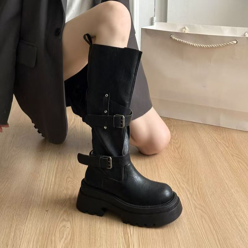 Vintage Fashion Online - 2026年ニューヴィンテージ厚底レディースニーハイブーツファッションベルトバックルジッパーシューズ女性用ナイトロングブーツシューズ