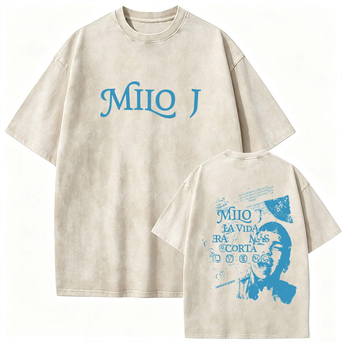 Vintage Fashion La - ラッパー、ミロ・Jのアルバム「La Vida Era Mas Corta」2026年、ヴィンテージ風ウォッシュ加工コットンTシャツ、メンズ、ゴシックファッション、オーバーサイズTシャツ、ストリートウェア。