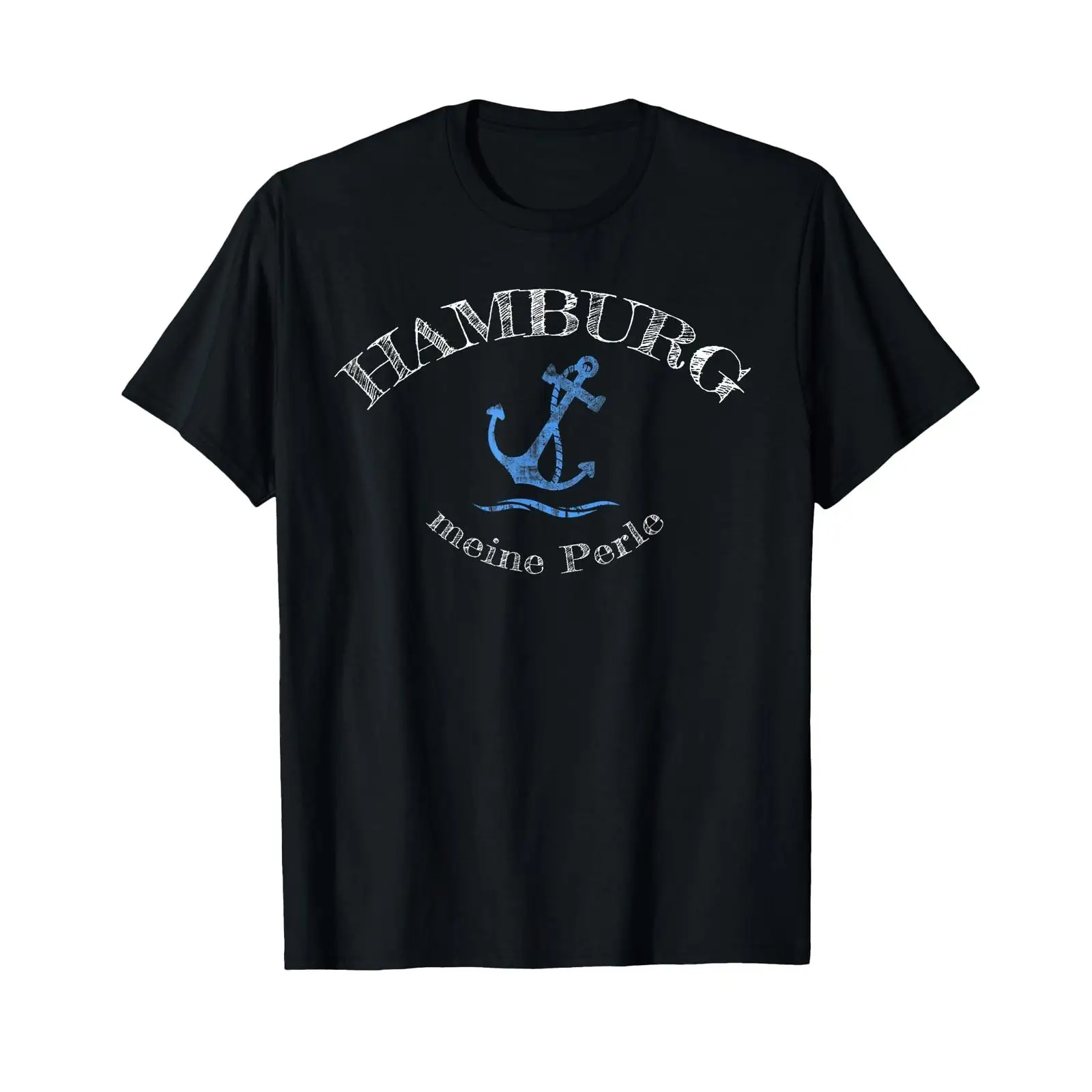 Vintage Fashion Hamburg - ハンブルクの「マイ・パール」デザインが施されたTシャツ。ヴィンテージ風のウォッシュ加工が施され、デザイナーズブランドらしいファッション性。少しストリートウェアの要素を取り入れ、伸縮性があり、スタイリッシュでユニセックスなデザイン。