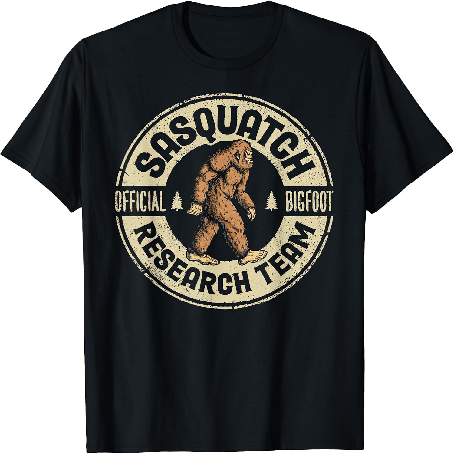 Vintage Fashion Research - ビッグフット研究チームのレトロなヴィンテージ風サスケッチ柄Tシャツ。男女兼用、100％コットン製。