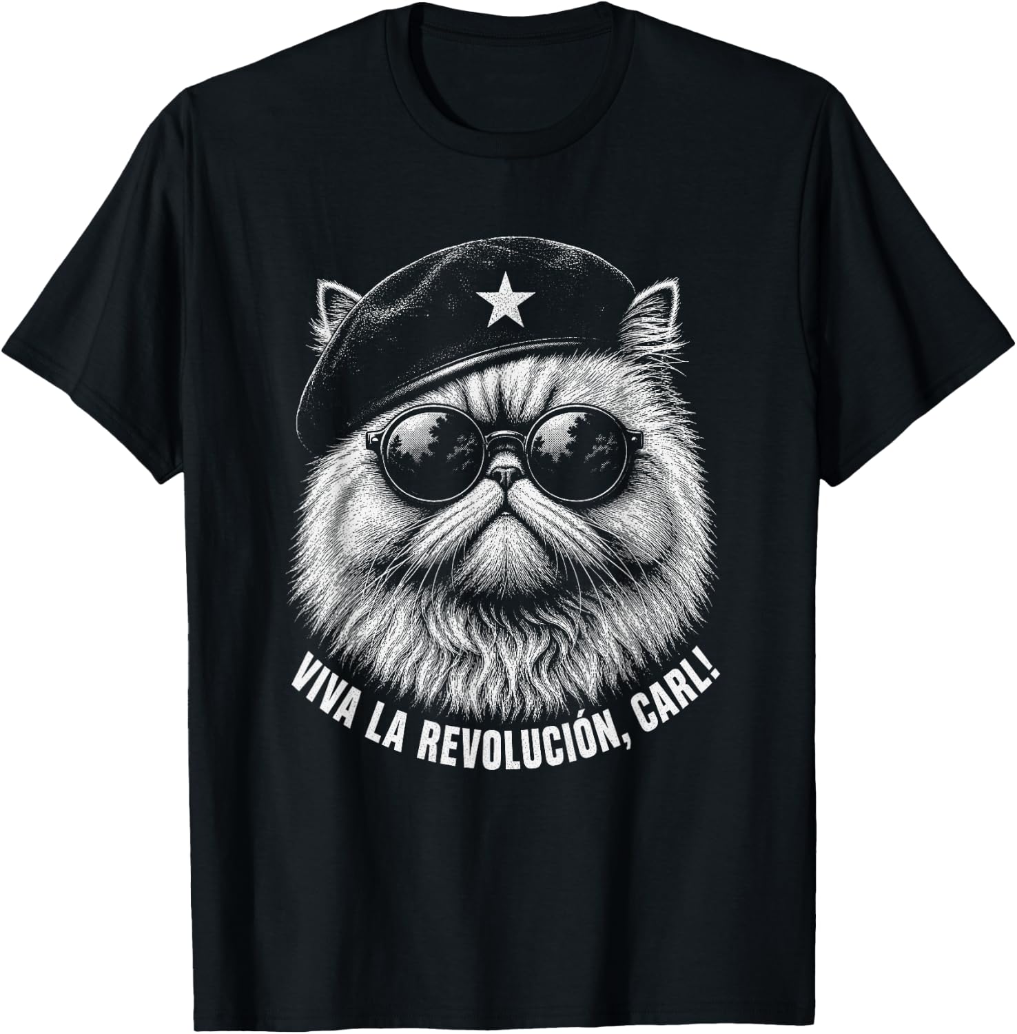 Vintage Fashion La - 「Viva La Revolucion」カール、面白い猫のイラストがプリントされたTシャツ、メンズTシャツ、ヴィンテージ風の猫柄グラフィックTシャツ、面白い猫のプリントが施されたクルーネックの半袖トップス、カジュアルな普段使いに最適なメンズコットンTシャツ。