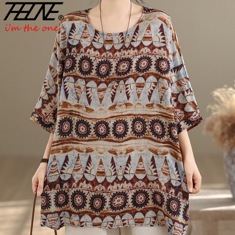 Vintage Fashion Jersey - THHONE プラスサイズのファッション夏の女性のブラウスコットンリネンカジュアルルーズプリントパッチワーク O ネックヴィンテージインディーフォークオーバーサイズトップ