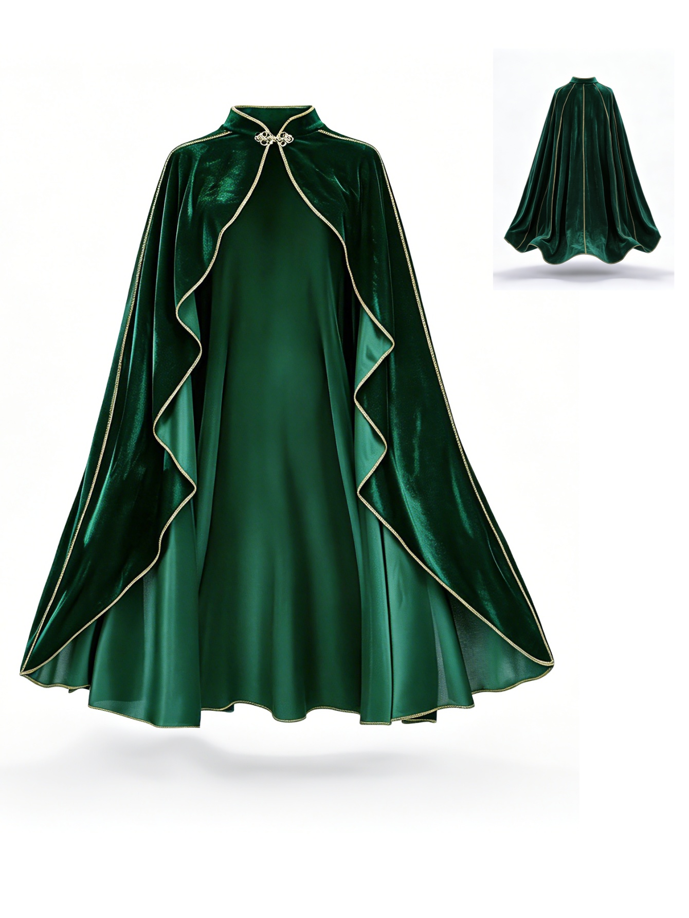 Vintage Fashion Dresses - 女性用ヴィンテージグリーンベルベットケープマント、ゴールドトリムスタンドカラー、コスプレコスチューム、ハロウィンパーティー用ロングケープ、中世ルネサンス風ドレスアップ