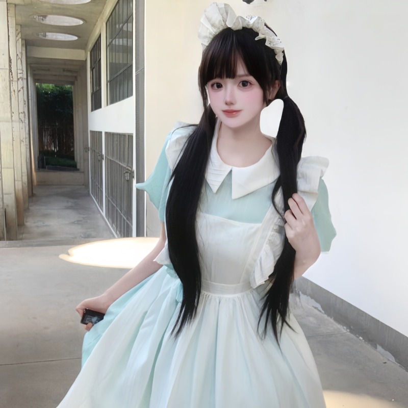 ロングピンクホワイトのメイドドレス、ピーターパンカラー、フリ - Vintage Fashion Dresses のレビューと価格