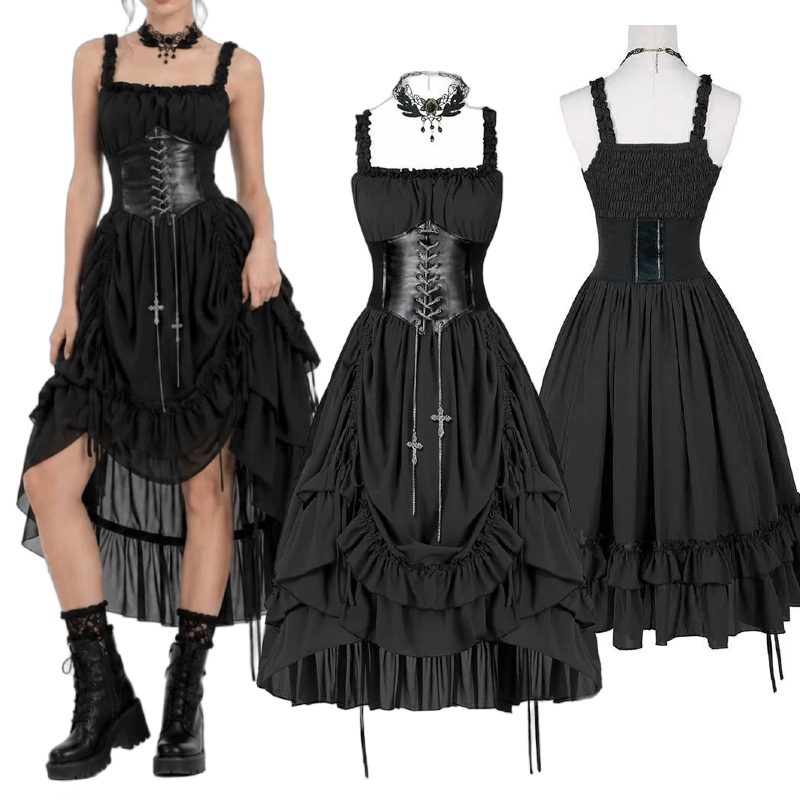 女性ゴシックドレスコルセットスリップブラックパンクロリータ不 - Vintage Fashion Dresses のレビューと価格
